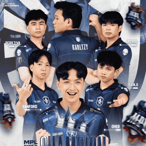 Esports team graphic by Sam, showing six players in blue and white jerseys